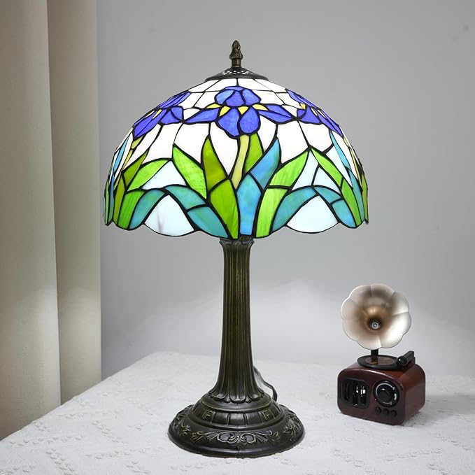 Tiffany Lamp Rural Style Green Blue Iris Flower Stained Glass Lamps Reading Bedside Bedroom Table Lamp Living Room end Kitchen Hotel Bar Home Small Space Decor Metal Base 12X19 Inche LED Vintage Lamp - Bloomnest