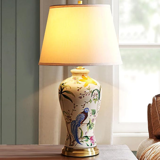 PURESILKS White Ceramics Table Lamp 25.5" Chinoiserie Lamp Flower and Bird Table Lamp American Handmade Beige Linen Drum Shade Decor for Living Room Bedroom - Bloomnest