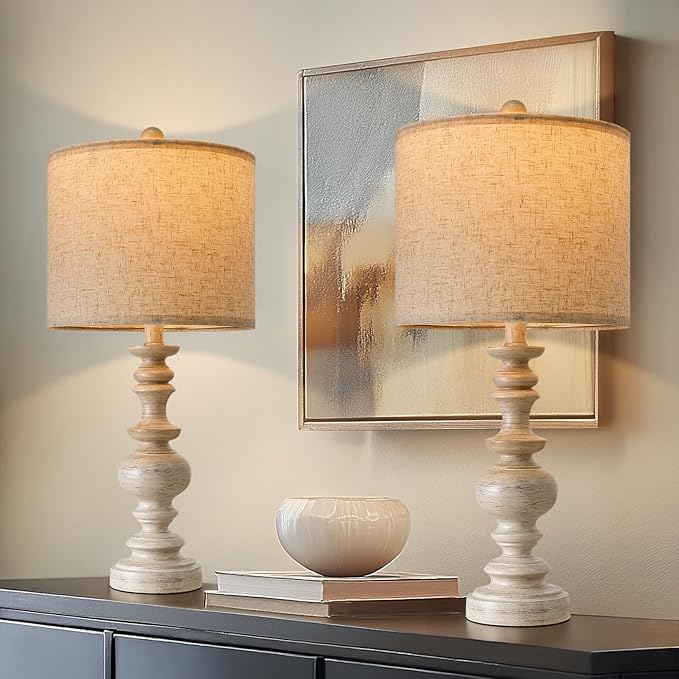 BOBOMOMO 24" Farmhouse Resin Table Lamp Set of 2, Vintage Lamps for Living Room Bedroom with Linen Shades, Traditional Rustic Bedside Lamps Retro Table Lamps for Living Room, Bedroom, Office - Bloomnest