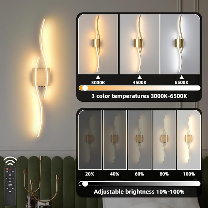 Battery Powered Wall Sconces Set of 2, Gold 31.4" LED Dimmable Wall Sconce with Remote Control/Timer/Memory, USB Rechargeable Wall Lights for Living Room, Bedroom, Hallway Wireless scones Lighting - Bloomnest