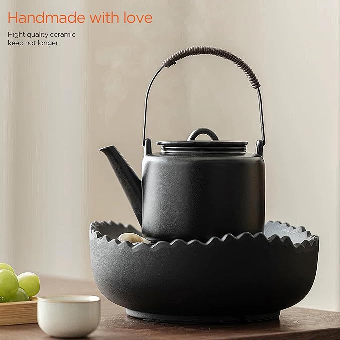 Small Stove Safe Ceramic Teapot with Cold Touch Curved Handle (27oz) - Hand-Glazed Finish - Suitable for Boiling Water and a Variety of Teas and Herbs - Matte Black - Bloomnest