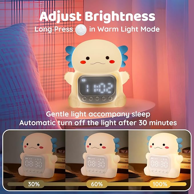 Axolotl Alarm Clock with Night Light for Kids, Rechargeable Silicone Lamp Time to Wake Clock Cute Animal Tabletop Lamp, Perfect Sleep Companion for Boys Girls, White - Bloomnest