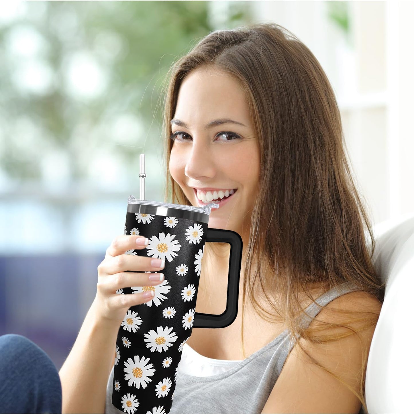 Ceovfoi 40 Oz Daisy Tumbler With Handle,Daisy Coffee Travel Mug Cup Water Bottle,Daisy Decor,Daisy Gifts for Women