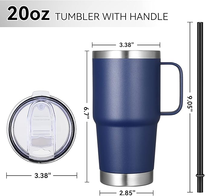 VEGOND 20 oz Tumbler with Handle Lid and Straw, Stainless Steel Insulated Travel Coffee Mug Spill Proof Double Wall Metal Tumbler Cup Keeps Drink Hot and Cold, Navy Blue 1 Pack - Bloomnest
