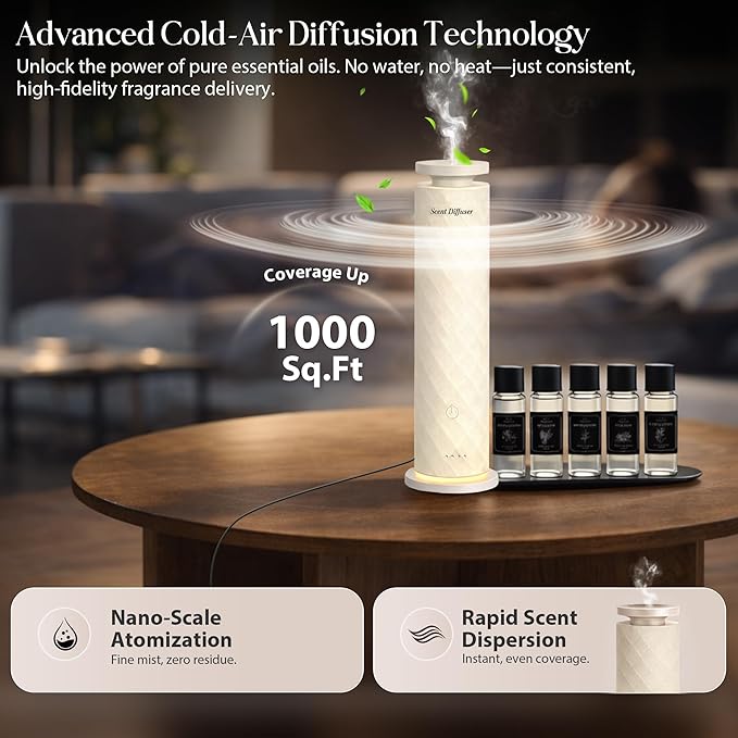 Waterless Scent Diffuser Starter Kit with 5 Oils, Luxury Hotel Style Cold Air Diffuser Oil Machine for Home, 1000 Sq Ft Coverage, Quiet Nebulizing Aromatherapy with Remote, Tower Fabric Design, Cream - Bloomnest
