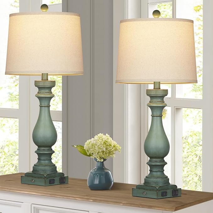 29" Tall Table Lamp for Living Room Set of 2,Vintage Bedside Nightstand Lamps with USB C+A Ports & AC Outlet,3-Way Dimmable Touch Control Retro Green Desk Lamp for Bedroom,Color 4 - Bloomnest