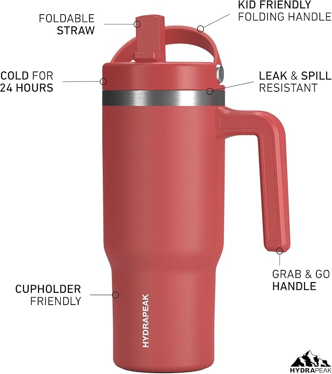 Hydrapeak Kids Voyager 18 oz Tumbler with Handle and Flip-Up Straw Lid | Spill Proof and Leak Resistant | Reusable Stainless Steel Water Bottle | Gift for Kids Boys Girls | Faded Red - Bloomnest