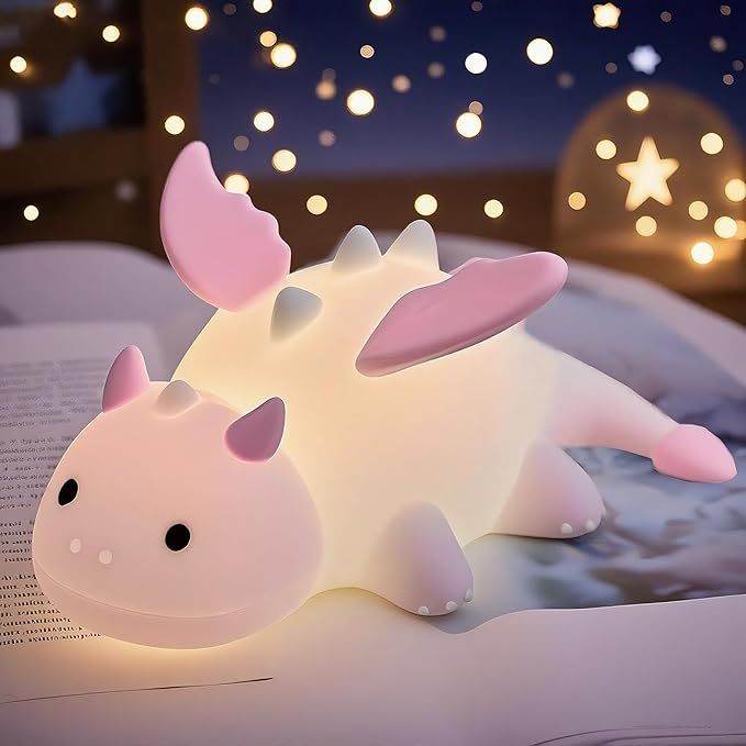 Dragon Night Light, Cute Pink Dragon Gifts, Soft Silicone Lamp with 3 Level Warm Light and RGB Changing, Breastfeeding Nursery Portable Kawaii Bedside Lamp for Baby, Toddler, Boys and Girls - Bloomnest