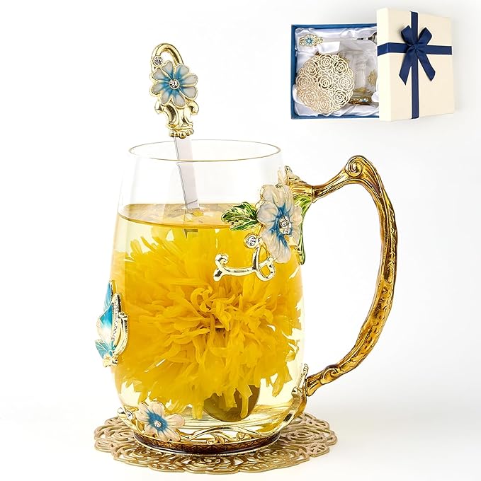 Flower Tea Cup,Butterfly Daisy Glass Fancy Coffee Mug with Spoon,Gift Box for Her Mom Wife Grandma Girls Friends Valentines Christmas Birthday Present Idea for Juice,Hot/Cold Drinks Use - Bloomnest