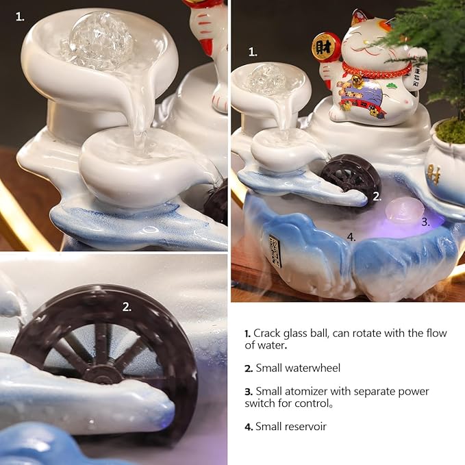 Indoor Tabletop Waterfall Fountain with Chinese Ceramic Lucky Cat Waving Arm Figurine，Desktop Mini Water Fountain Decoration，LED Light Ring Backflow Incense Burner for Desk - Bloomnest