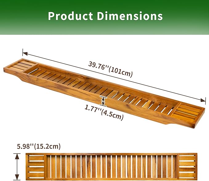 VaeFae Teak Bathtub Tray, Wooden Bath Caddy for Bathtub, Bath Tub Wood Table for Tub, 39.8" x 6" x 1.8" - Bloomnest