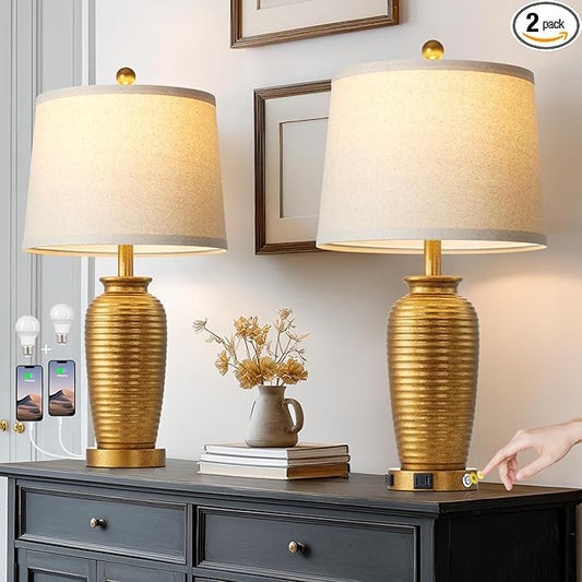 25" Retro Gold Farmhouse Jar Table Lamps Set of 2, 3 Way Touch Control Rustic Bedside Lamps with USB A+C Ports & AC Outlet, Pot Nightstand Lamps for Bedroom Living Room (LED Bulbs Included) - Bloomnest