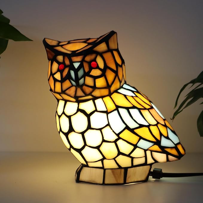 Tiffany Owl Lamp Yellow and White Stained Glass Animal Table Lamp Accent Lamp - Bloomnest