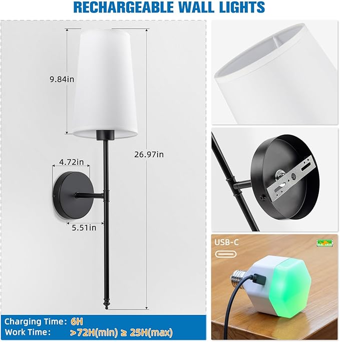 NIORSUN Black Battery Operated Wall Sconce Set of 2,Rechargeable Wall Lights with 5200mAh Dimmable Detachable Bulbs and Remote,9 Colors Wireless Sconces for Bedroom Living Room Hallway - Bloomnest