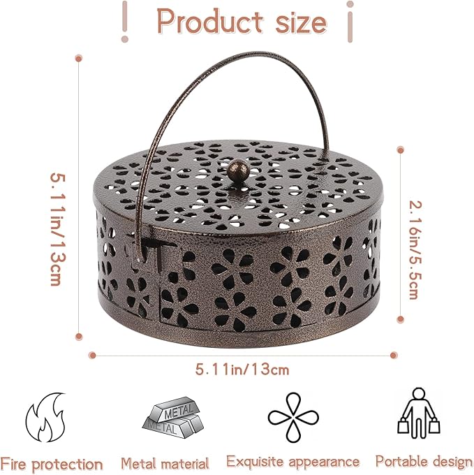 Portable Iron Mosquito Coil Holder with Handle Round Heat-Resistant Incense Holder for Home Office Camping (Bronze) - Bloomnest