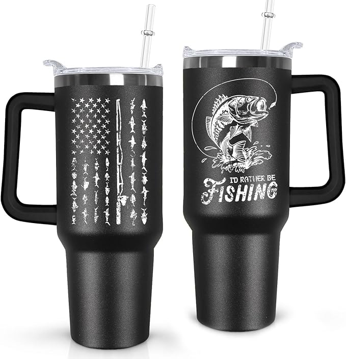 Ceovfoi 40 oz Black Stainless Steel Tumbler With Handle, Fishing Gifts for Men, American Flag Patriotic Cup - Bloomnest