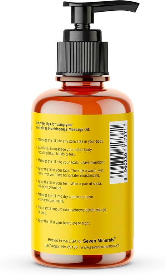 Seven Minerals Frankincense Massage Oil for Massage Therapy - 4oz - Ideal for Professional or at-Home Body Massage. Soothing Natural Blend of Almond, Jojoba & Vitamin E