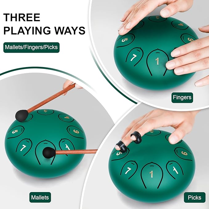 Steel Tongue Drum 6 Inch 8 Notes, Rain Drums for Outside C major, Hang Instrument, Handpan for Kids, Ethereal Hand Pan for Meditation Yoga Musical Education, Green - Bloomnest