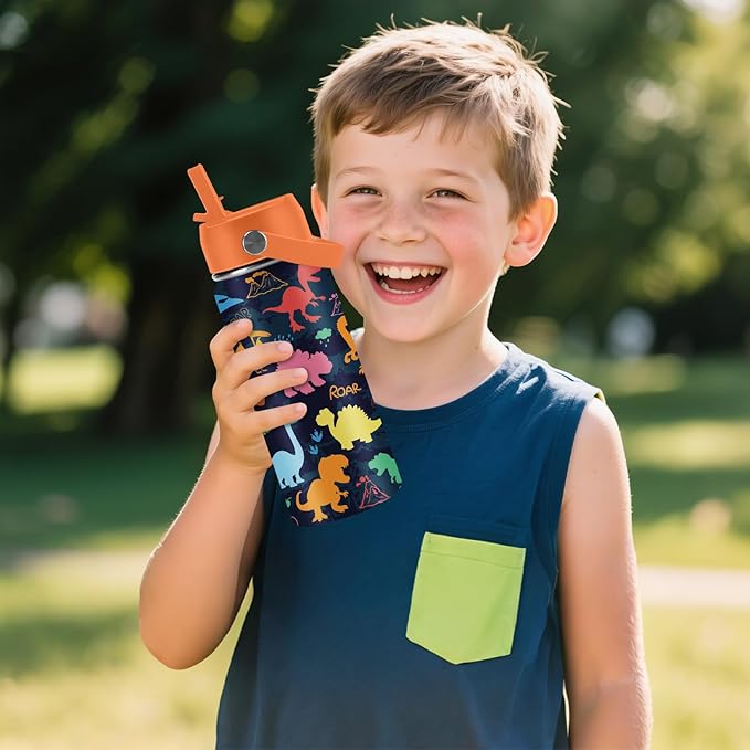 Dinosaur Gifts for Kids - 16oz Colorful Dino Water Bottle with Straw Lid, Stainless Steel Insulated Tumbler, Leakproof, BPA-Free, for Boys & Girls, School, Travel - Dino Lovers Birthday Gift Cup (1pc) - Bloomnest