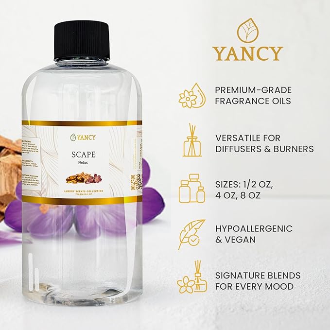 YANCY Scape Luxury Collection Fragrance Oil (4 oz), Sandalwood and Amber Scent, Versatile Aroma for Diffusers, Oil Burners & Aroma Lamps, Premium Fragrance Oil for Relaxing Home Ambiance YancySpa
