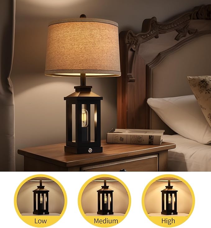 23.75" Retro Farmhouse Black Table Lamp for Living Room Bedroom Nightstand Set of 2 Touch Control Bedside Nightlight Vintage Modern Lamp with USB C+A Ports and 2 Light Sources - Bloomnest