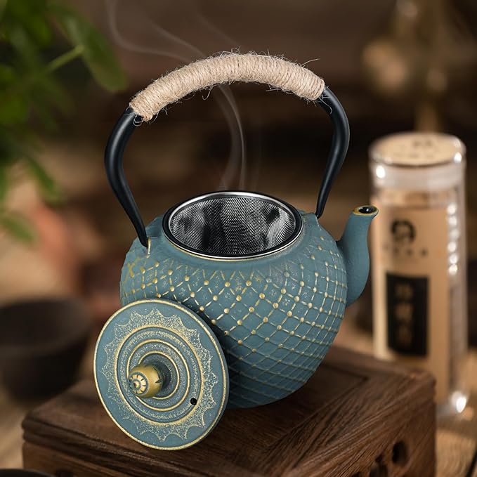 Ufine Japanese Style Cast Iron Teapot for Stove Top with Stainless Steel Infuser Loose Leaf Tetsubin Grid Design Blue Tea Kettle 40oz/1200ml - Bloomnest