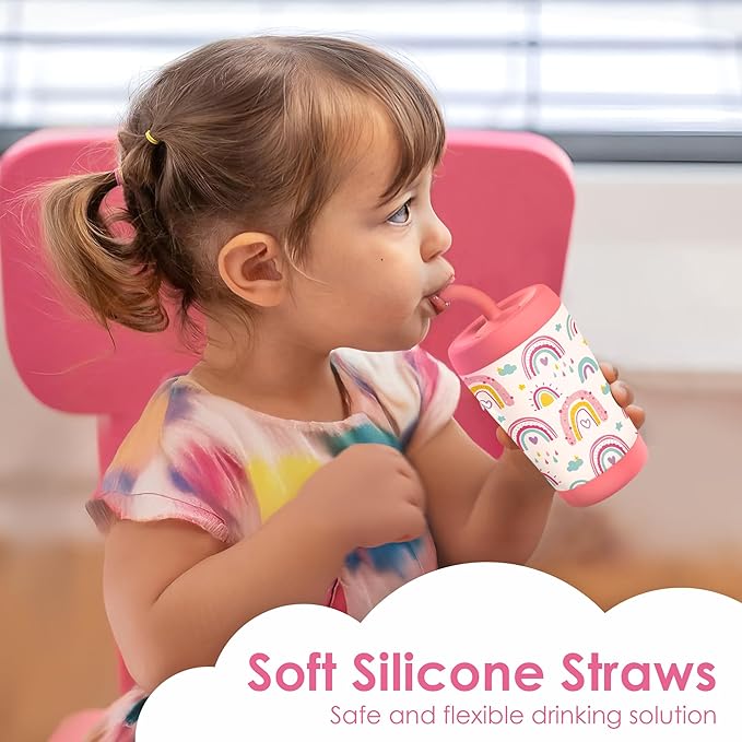Kid Insulated Stainless Steel Tumbler with Silicone Straw, 12oz Sippy Cup for Kids (Sweet Rainbows) - Bloomnest