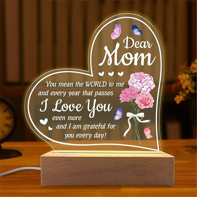 Carnation Heart Shape 3D Crystal Acrylic Light Base with Wood Stand, LED Light for Kids Room Decor, Gift for Mom on Birthday or Holiday, Home Décor Art Display - Bloomnest