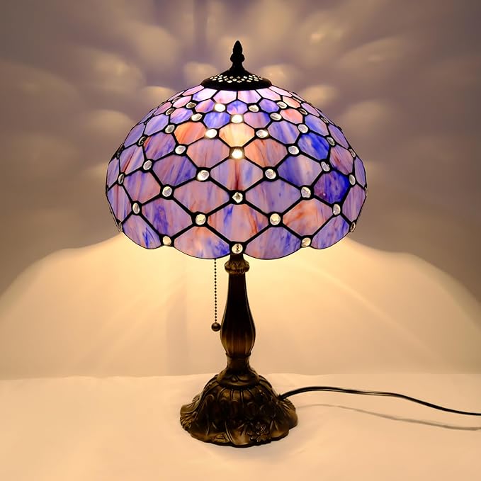 Tiffany Lamp Vintage Deep Blue Stained Glass Bead Table Lamp Desk Bedside Reading Light Decor Bedroom Living Room Home Office D12*H18 Inches - Bloomnest