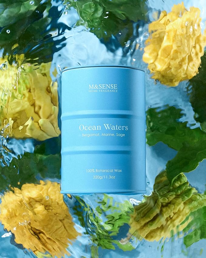 M&SENSE Ocean Waters Scented Candles Summer Soy Candle,Beach Candle for Stress Relief Meditation Relaxing, Housewarming Gifts for Women Men, 11.3oz 70 Hour Long Burning - Bloomnest