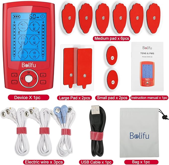 Belifu Dual Channel TENS EMS Unit 24 Modes Muscle Stimulator for Pain Relief Therapy, Electronic Pulse Massager Muscle Massager with 10 Pads, Dust-Proof Drawstring Storage Bag, Fastening Cable Ties Belifu