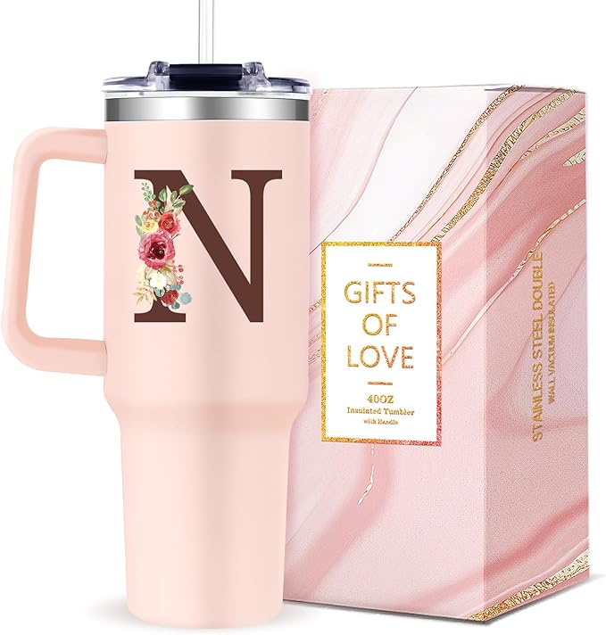 Monogrammed 40oz Tumbler with Handle for Women, Personalized Birthday Gifts for Women,Initial Cups for Woman Floral Letter N,Customized Gifts for Female Lady Gift for Mothers Day Christmas - Bloomnest