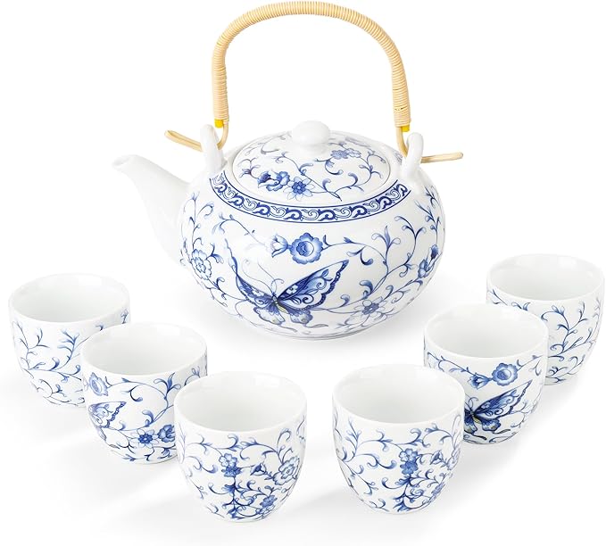 fanquare Chinese Blue and White Porcelain Tea Set with 1 Teapot Set, 6 Tea Cups, Butterfly Pattern Asian Japanese Tea Sets for Adults - Bloomnest
