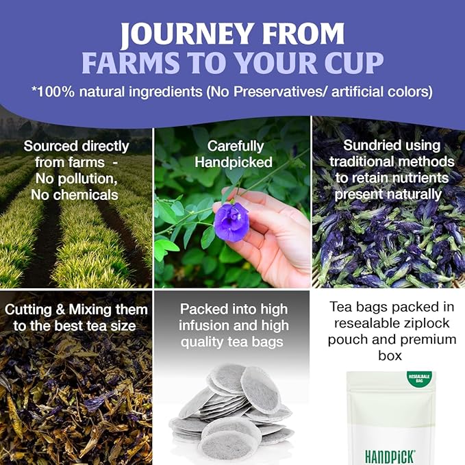 HANDPICK, Butterfly Pea Flower Tea (100 Herbal Tea Bags) | Caffeine Free, Non GMO | Premium Dried Butterfly Pea Flowers For Blue & Purple Drinks, Food Coloring | Iced Teas, Coolers, Cocktails - Bloomnest