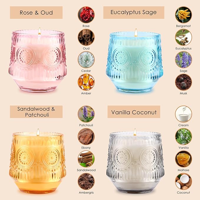4 Pack Luxury Scented Candles Gift Set - 7oz Soy Wax Candles in Glass Jars, Gifts for Women - Vanilla Coconut, Eucalyptus Sage, Rose Oud, Sandalwood Patchouli - Bloomnest