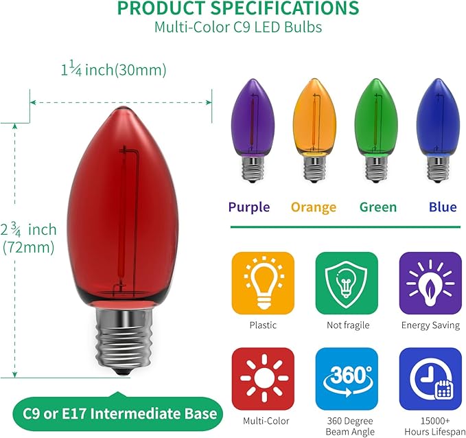 Meconard C9 Led Replacement Christmas Light Bulb, C9 Shatterproof Led Bulbs for Christmas Outdoor String Lights, E17 Intermediate Base, Commercial Grade Holiday Bulbs, Multi-Color, 25 Pack - Bloomnest