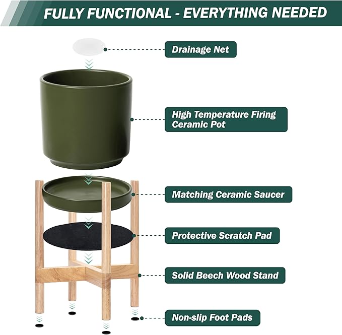 D'vine Dev Ceramic Planter with Natural Stand - 10 Inch Modern Round Flower Pot with Wood Planter Holder, Olive, 55-B-K-J - Bloomnest