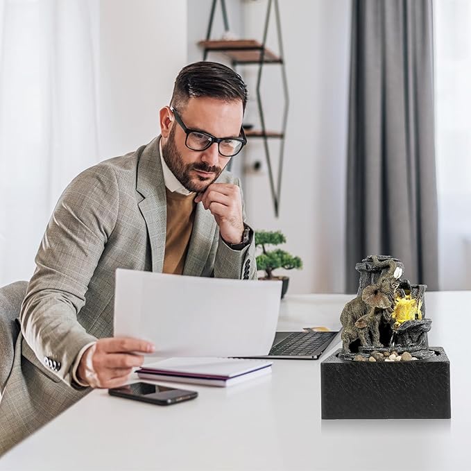 BEAMNOVA Tabletop Fountain,3 Tiered Elephant & Baby Elephant Indoor Fountains,with LED Light Water Feature for Home Office Décor