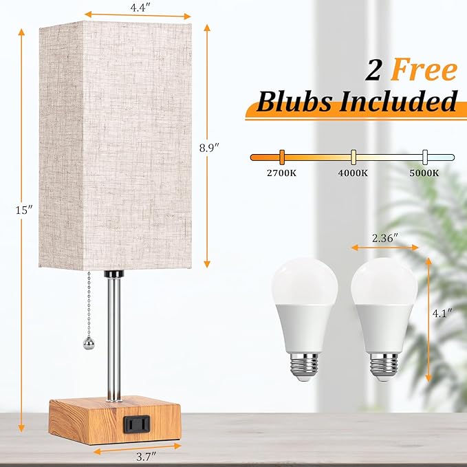Table Lamp for Bedroom set of 2,3-Color Bedside Lamps with Pull Chain Table Lamps for Nightstand with AC Outlets,Small Night Light Lamps with 2 Bulbs Lamps for Living Room Kids Room Office Decor（Wood） - Bloomnest