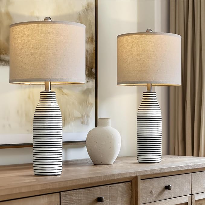 PORTRES 25" Ceramic Table Lamps Set of 2 Beside Lamps for Living Room Modern Bedroom Lamps for Night Stands with Rotary Switch Black and White Stripes - Bloomnest