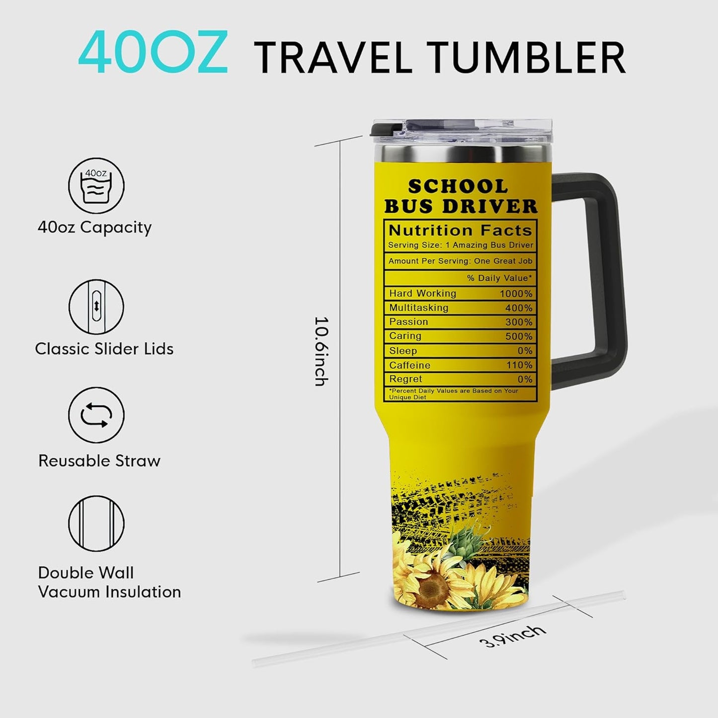 Bus Driver Appreciation Gifts for Men Women, School Bus Driver 40oz Tumbler with Handle and Straw
