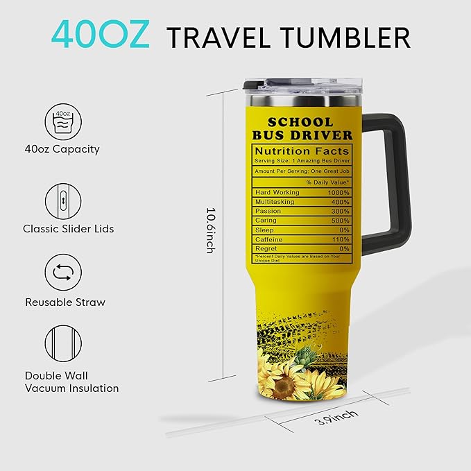 Bus Driver Appreciation Gifts for Men Women, School Bus Driver 40oz Tumbler with Handle and Straw - Bloomnest