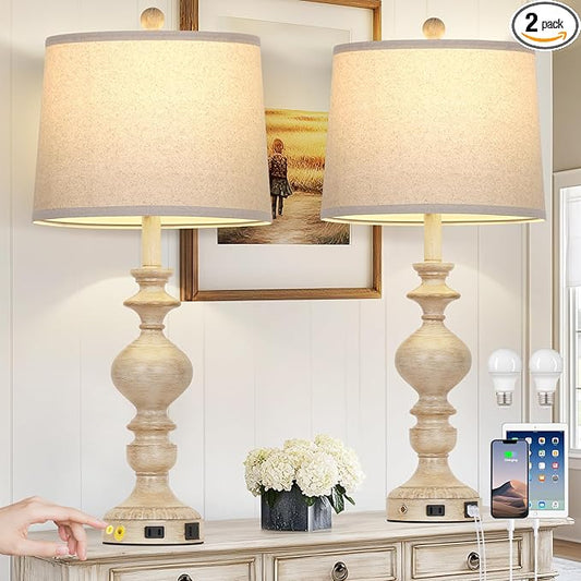 28" Farmhouse Table Lamps Set of 2, Rustic Lamp for Living Room with USB C+A Ports & AC Outlet, 3 Way Touch Control Resin Bedside Lamps, Retro Bedroom Lamp for Nightstand Side End Table Desk, Beige - Bloomnest