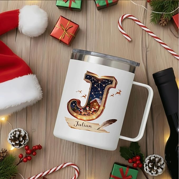 Personalized Christmas Mug | Custom Storybook Initial Insulated Coffee Cup with Handle & Lid | 12oz Magical Holiday Tumbler, Unique Gift for Readers & Kids (B18) - Bloomnest