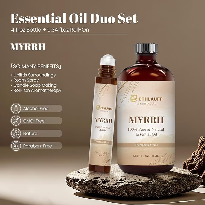 Myrrh Essential Oil (4 fl.oz Bottle + 0.34 fl.oz Roll-On) — Myrrh Oils for Aromatherapy, Diffusers, Humidifiers, Home fragrances, DIY Skincare, Candle, Soap Making, Relaxation, Yoga Ethlauff