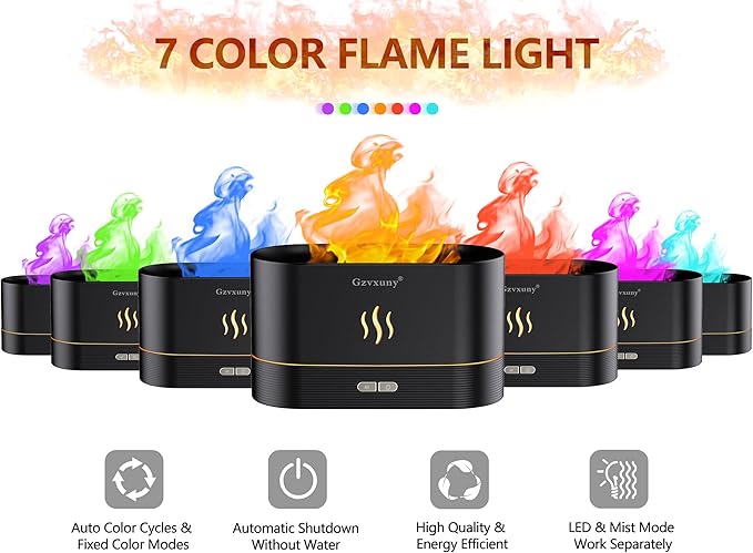 Flame Essential Oil Diffuser, Upgrade 7 Colour Lights Aromatherapy Diffuser, Super Quiet Air Humidifier, Electric Aroma Diffuser, Waterless Auto-Off for Home Office Room - Black - Bloomnest
