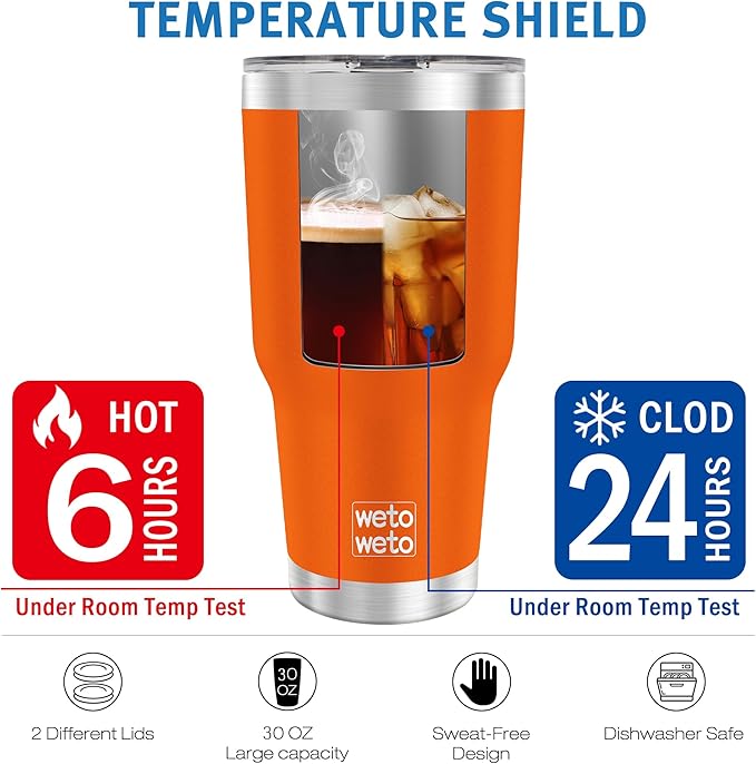 WETOWETO 30 oz Tumbler Stainless Steel Vacuum Insulated Coffee Ice Cup Double Wall Vacuum Coffee Cup Thermal Cups for Hot and Cold drinks, Suitable for Beach, Travel (Orange, 1 Pack) - Bloomnest