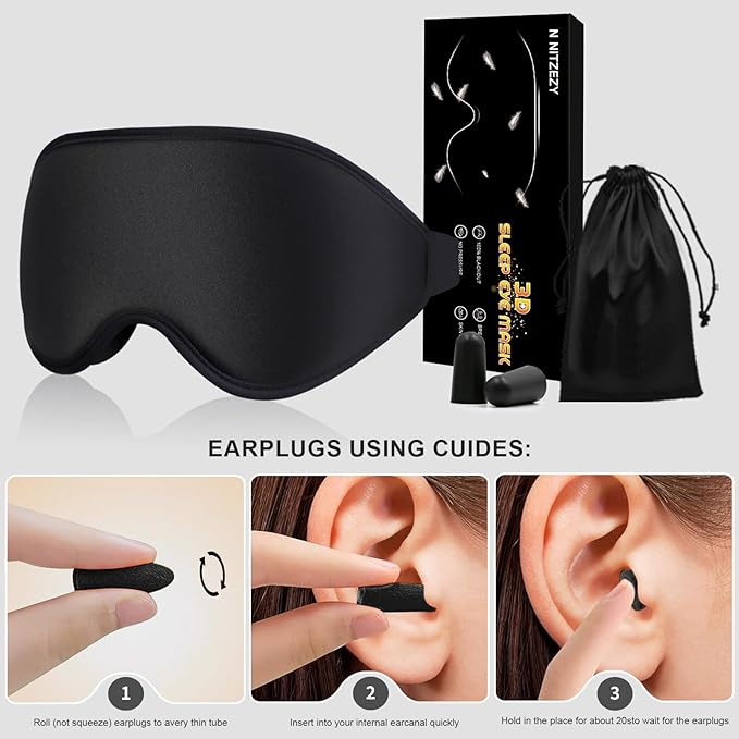 3D Sleep Mask with Earplugs, 100% Light Blackout Eye Mask for Sleep, Washable Sleeping Mask, 0 Pressure Eye Covers for Sleep with Wider Adjustable Strap, Only 1.3oz Light Soft Sleeping Mask (Black) - Bloomnest