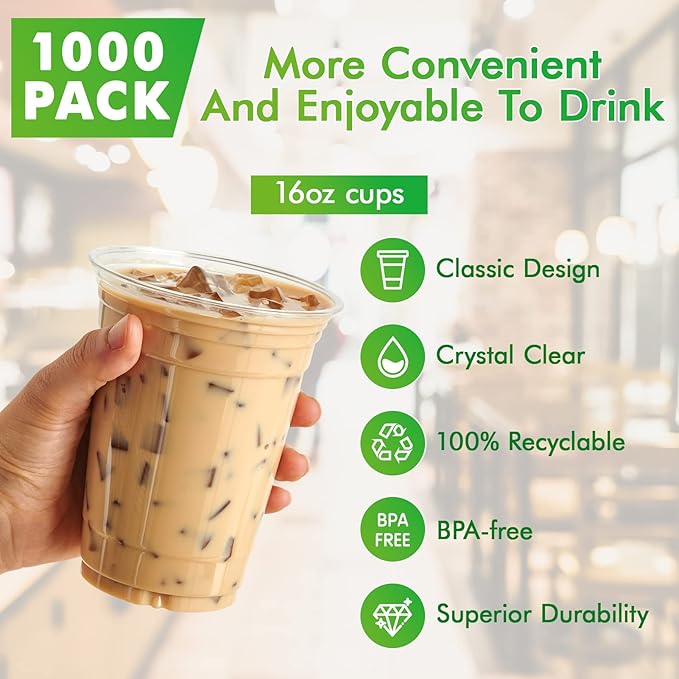 Lilymicky 1000 Pack 16 oz Clear Plastic Cups, PET Disposable Drinking Cups, Crystal Clear, Perfect for Ice Coffee, Smoothie, Soda, or Any Cold Drinks - Bloomnest