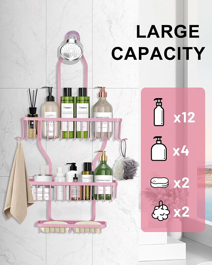 Pink Shower Caddy for Bathroom - Never Rust Hanging Shower Organizer with Soap Basket and Hooks - Large Capacity 3 Tier Aluminum Over The Showerhead Caddy - Bloomnest